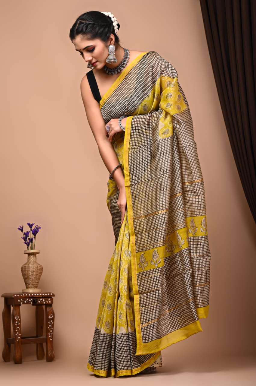Bagru Handblock Prints Chanderi Silk Sari