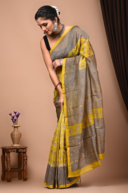 Bagru Handblock Prints Chanderi Silk Sari