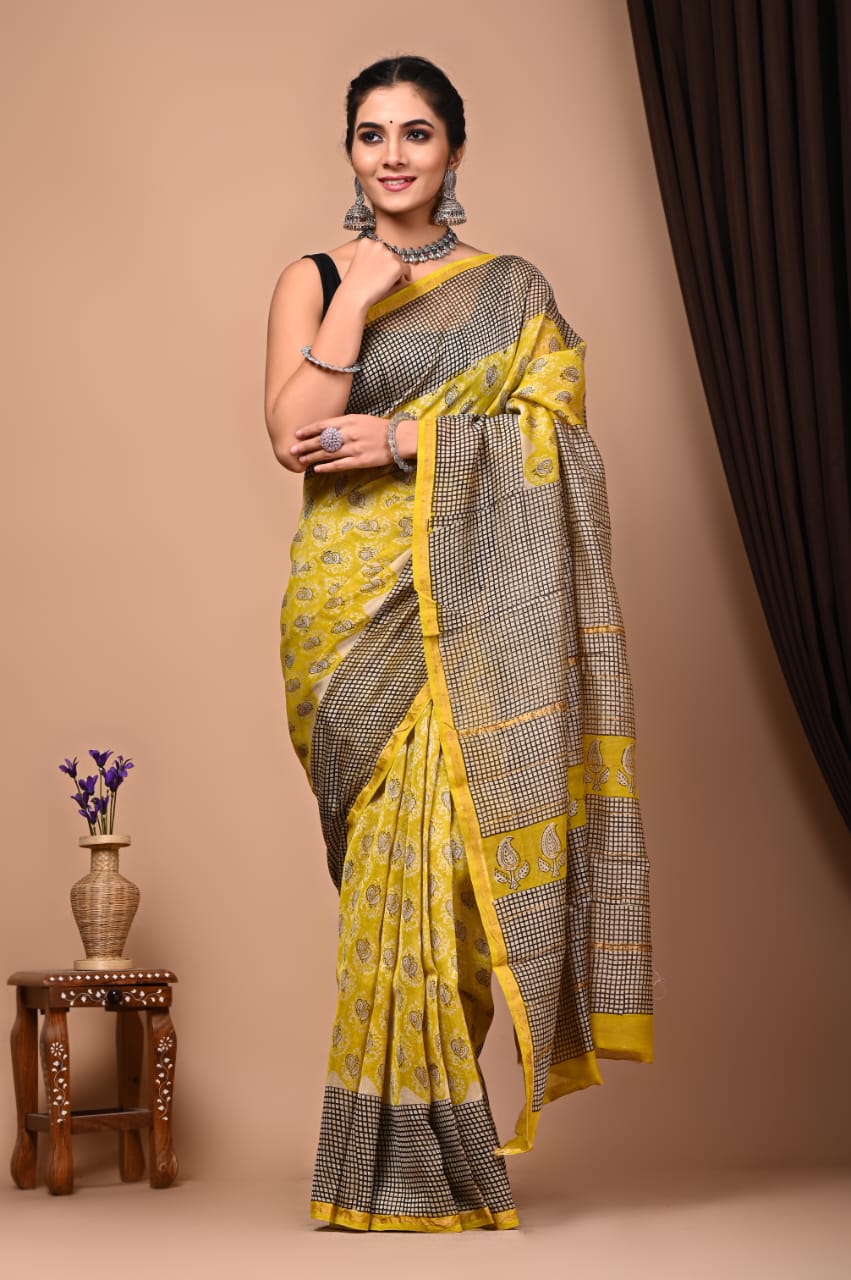 Bagru Handblock Prints Chanderi Silk Sari