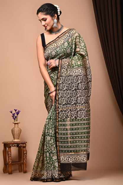 Bagru Handblock Prints Chanderi Silk Sari