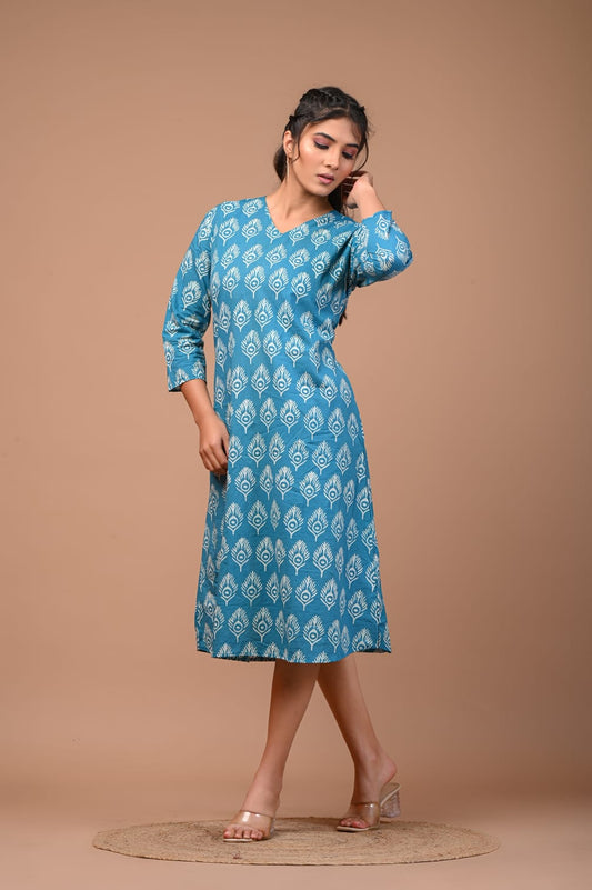Hand Blocks Floral Printed MIDI Dress