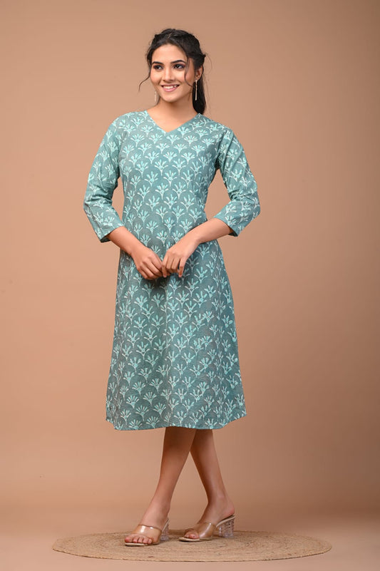 Hand Blocks Floral Printed MIDI Dress