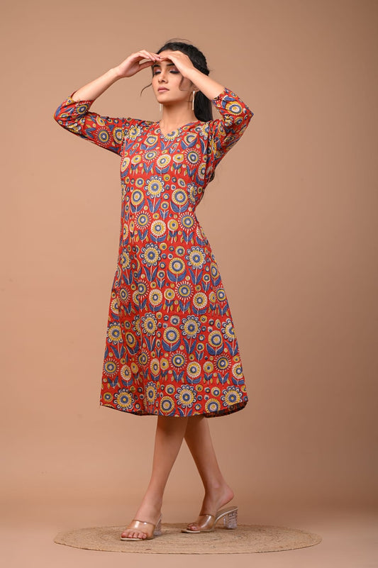 Hand Blocks Floral Printed MIDI Dress.