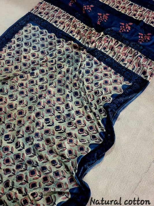 Nashpal dyes Ajrakh Prints Pure Mul Cotton sarees